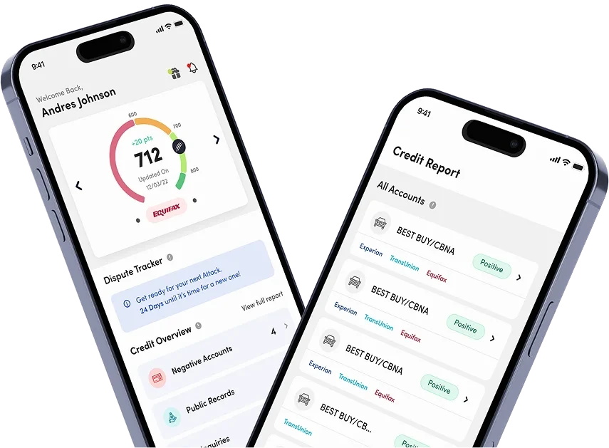 Portal del cliente de Financore Platform en el teléfono — Welcome y Credit Report completo