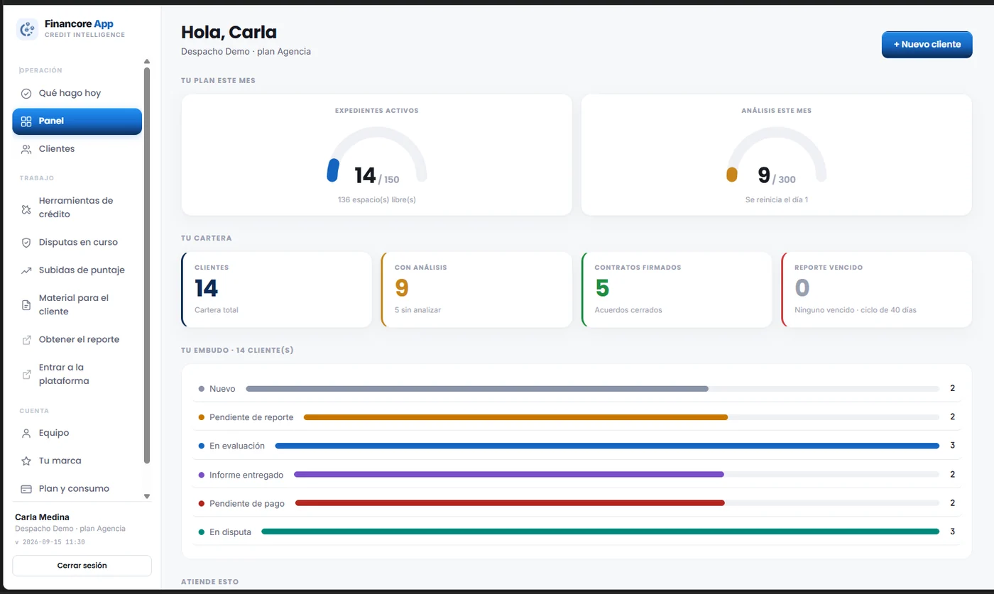 Panel de Financore App con los expedientes activos, la cartera y el embudo